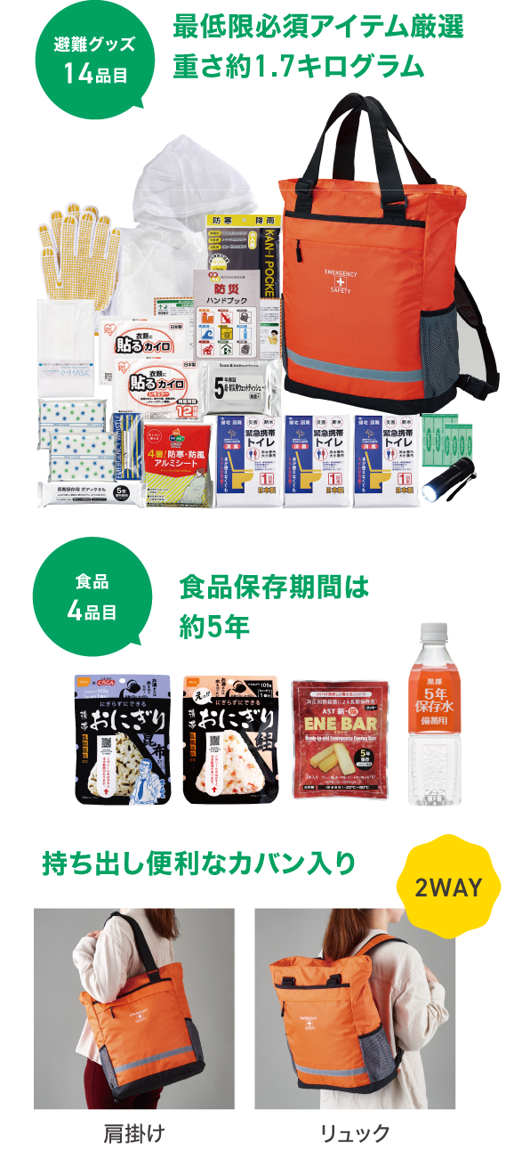 避難グッズ14品目 食品4品目 持ち出し便利なカバン入り